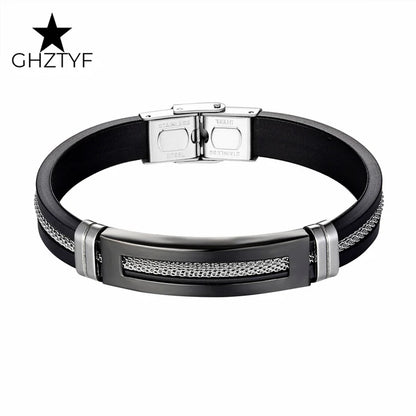 Golden Chain Stainless Steel Bracelets for Men Women Teens Black Rubber Belt Wristband Cuff Bangle Male Hand Jewelry Gifts