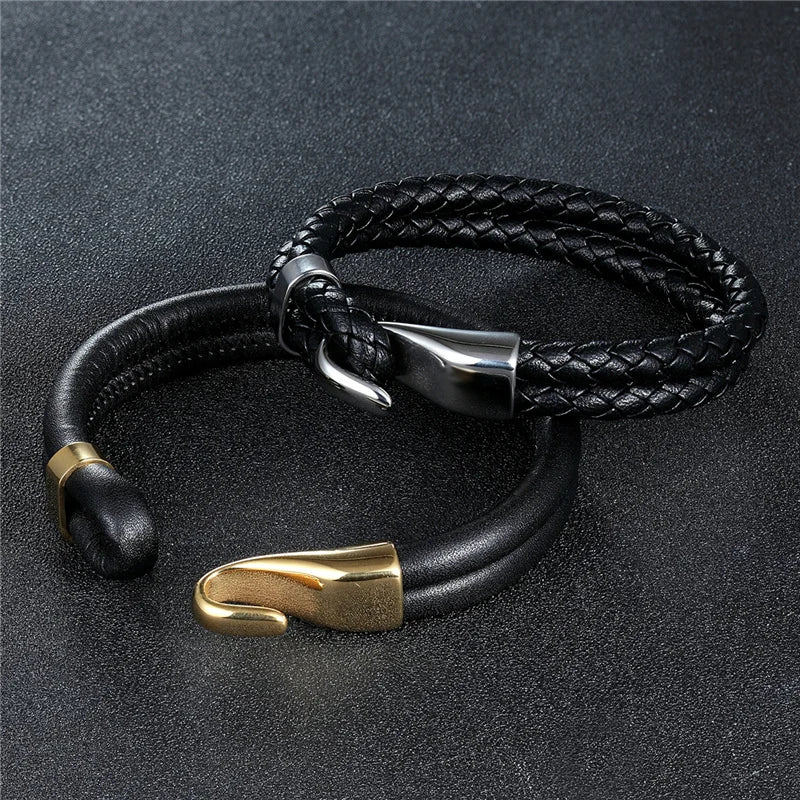 2023 de alta qualidade criativo preto multi-camada pulseira de couro masculino aço inoxidável âncora pulseira moda pulseiras presentes pulseras