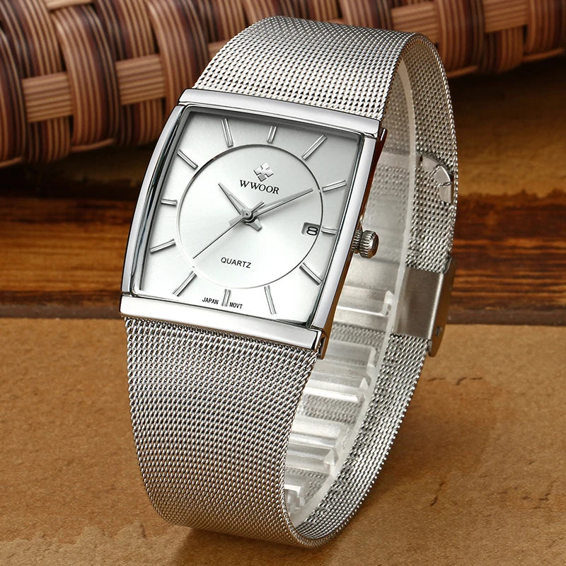 Reloj Hombre WWOOR Men Square Watches Slim White Watch Men Steel Mesh Waterproof Business Date Quartz Wrist Watch Gift Male xfcs