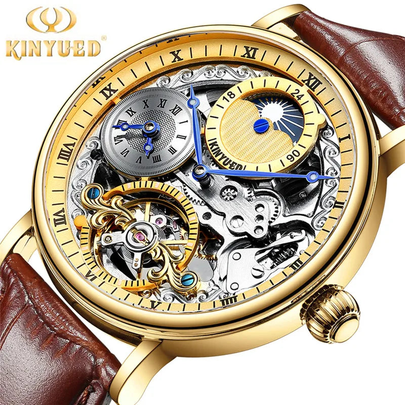 Kinyued original automático oco relógio mecânico masculino relógio de couro luminoso à prova dwaterproof água turbilhão relógio masculino reloj hombre novo