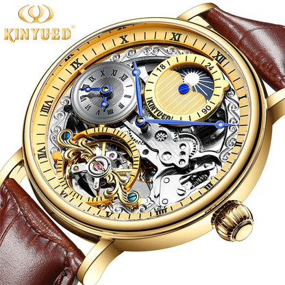 Kinyued original automático oco relógio mecânico masculino relógio de couro luminoso à prova dwaterproof água turbilhão relógio masculino reloj hombre novo