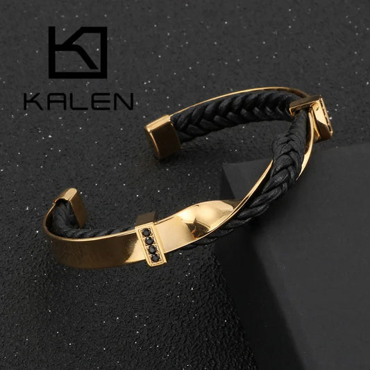 Kalen pulseiras irregulares exclusivas para homens, ouro/cor, aço inoxidável, couro de vaca, pulseiras masculinas, hip hop, joias masculinas