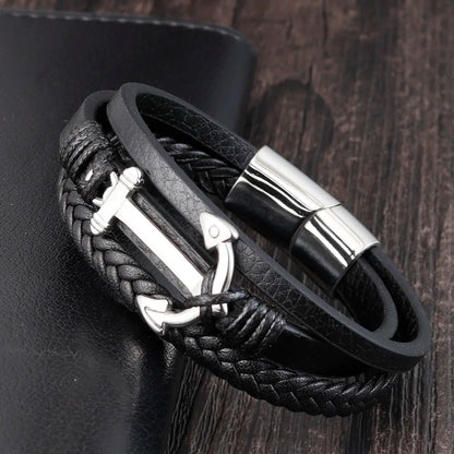 Punk Stainless Steel Anchor Bracelets Genuine Leather Bracelet & Bangles for Men Jewelry Black Color Fashion Gift