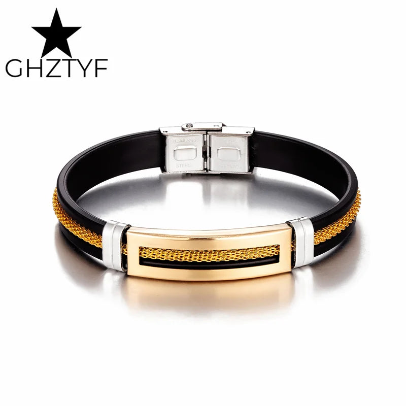 Golden Chain Stainless Steel Bracelets for Men Women Teens Black Rubber Belt Wristband Cuff Bangle Male Hand Jewelry Gifts