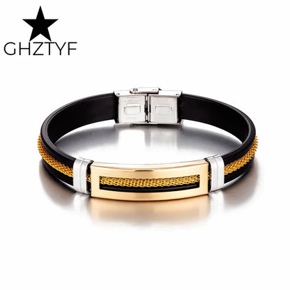 Golden Chain Stainless Steel Bracelets for Men Women Teens Black Rubber Belt Wristband Cuff Bangle Male Hand Jewelry Gifts