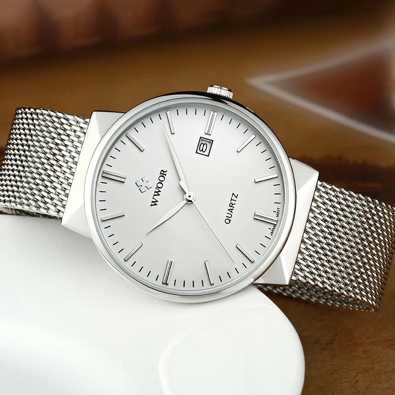 WWOOR Mens Watches 2025 Luxury Brand Quartz Casual Dress Watches For Men Stainless Steel Mesh belt Waterproof Calendar Watch Men