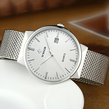 WWOOR Mens Watches 2025 Luxury Brand Quartz Casual Dress Watches For Men Stainless Steel Mesh belt Waterproof Calendar Watch Men