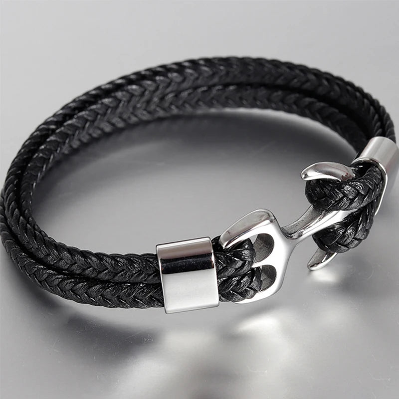 Punk Stainless Steel Anchor Bracelets Genuine Leather Bracelet & Bangles for Men Jewelry Black Color Fashion Gift
