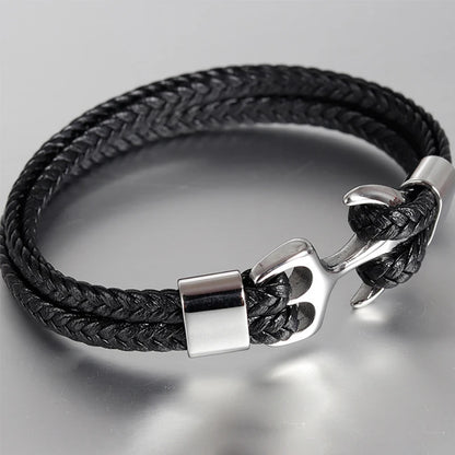 Punk Stainless Steel Anchor Bracelets Genuine Leather Bracelet & Bangles for Men Jewelry Black Color Fashion Gift