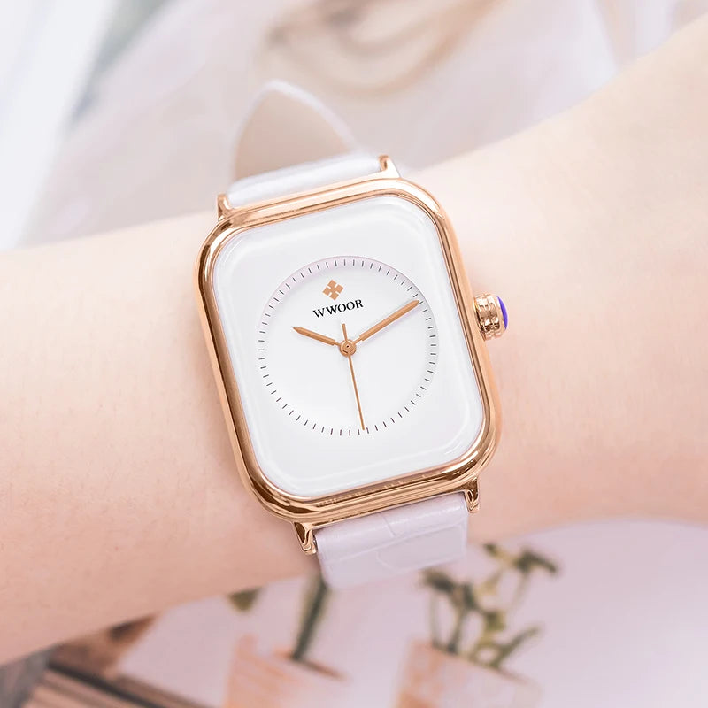 Fashion Women Watches 2023 WWOOR White Leather Minimalist Rectangle Ladies Quartz Dress Wristwatch Relogio Feminino Montre Femme