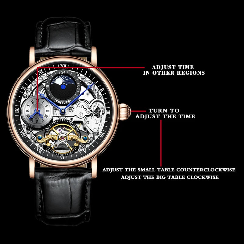 Kinyued original automático oco relógio mecânico masculino relógio de couro luminoso à prova dwaterproof água turbilhão relógio masculino reloj hombre novo