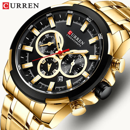 Curren relógios masculinos marca superior grande esporte relógio de luxo militar aço quartzo relógios pulso cronógrafo design ouro relógio masculino