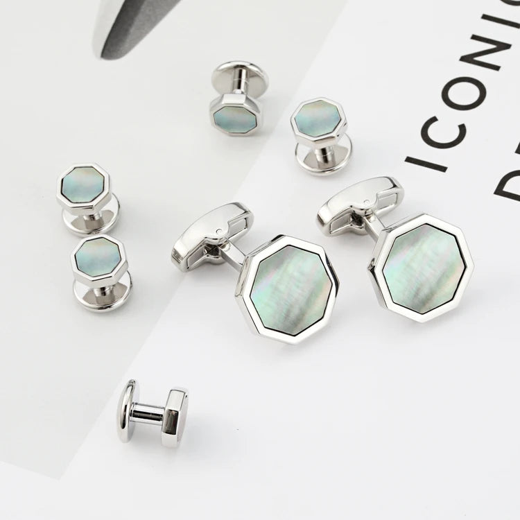 Elegant Mother of Pearl Cufflinks & Tuxedo Studs Set