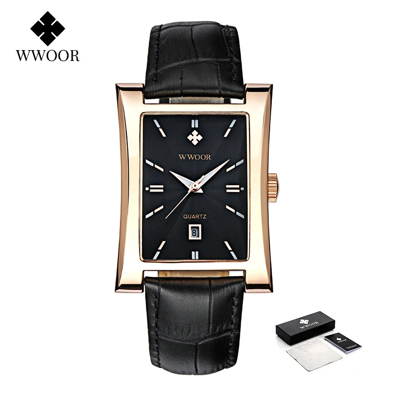 WWOOR 2025 Luxury Watch For Men Square Business Casual Waterproof Quartz Wristwatch Leather Men's Watches With Date Reloj Hombre