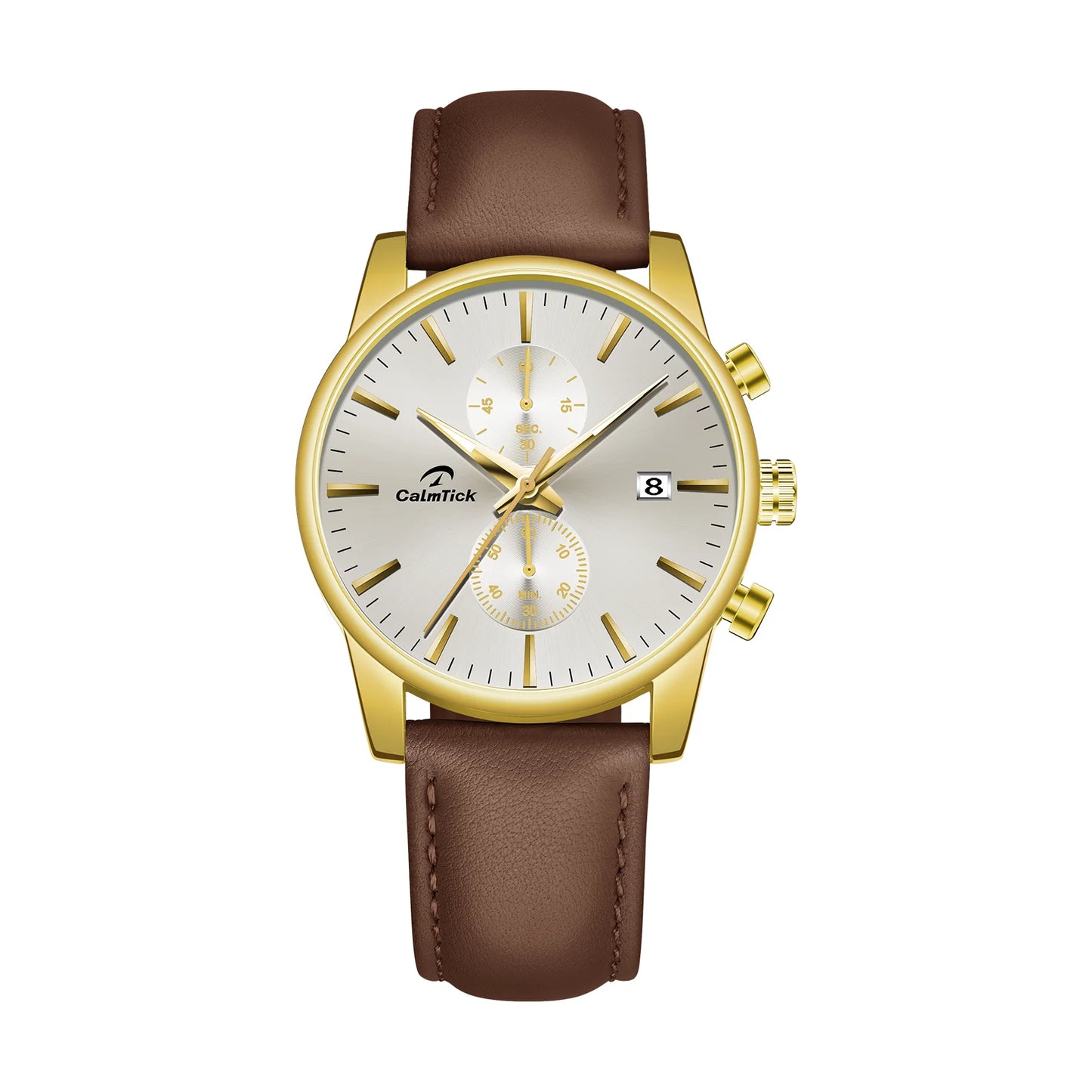 Calmtick Fashion Business Pointer Quartz Watch with Stopwatch Luminous Waterproof Leather Strap