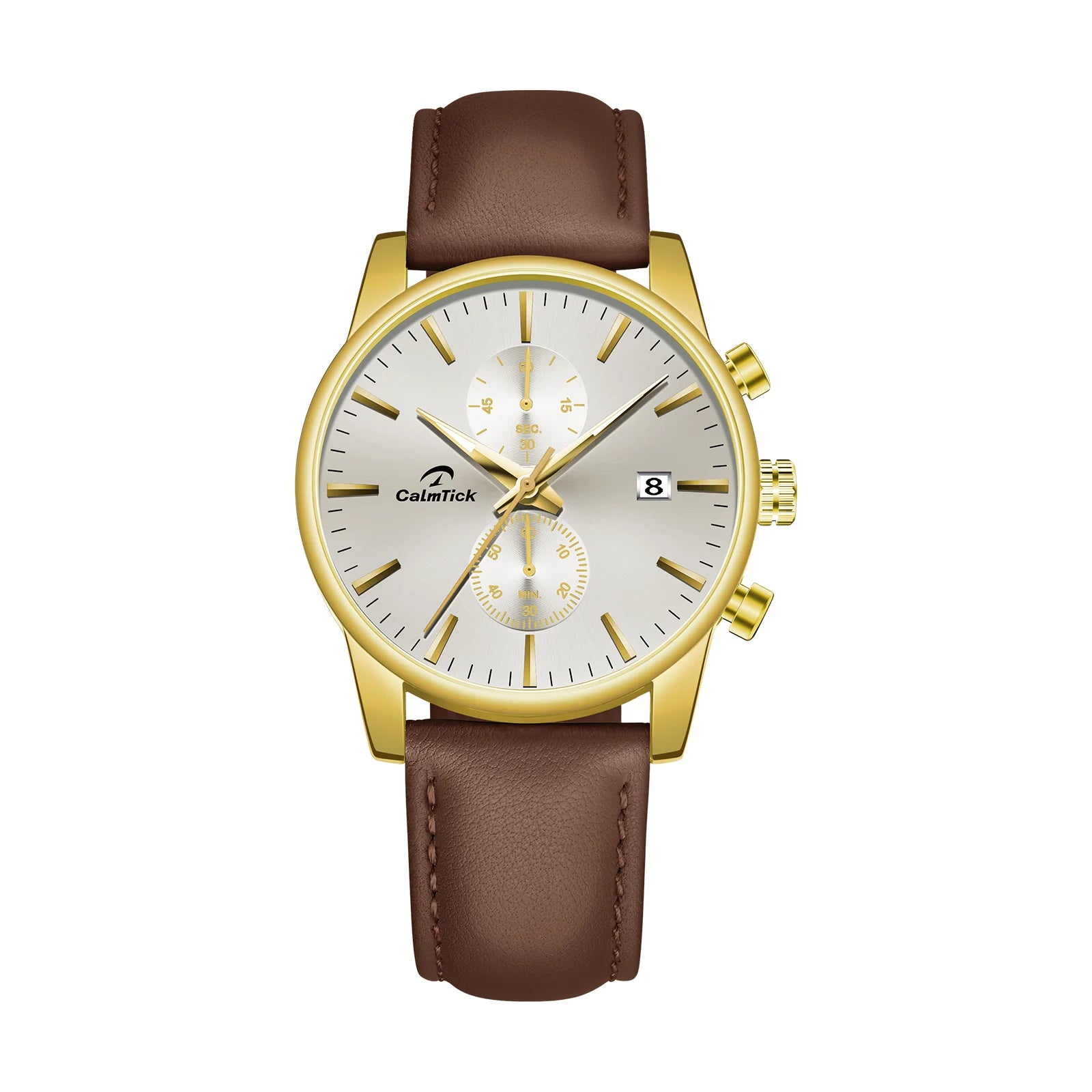 Calmtick Fashion Business Pointer Quartz Watch with Stopwatch Luminous Waterproof Leather Strap