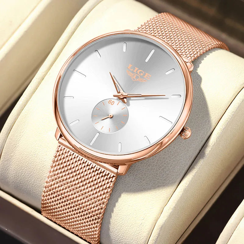 LIGE Ultra Slim Mesh Quartz Watch for Women - Elegant & Waterproof
