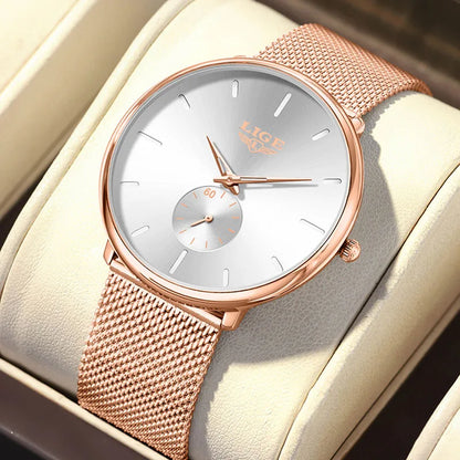 LIGE Ultra Slim Mesh Quartz Watch for Women - Elegant & Waterproof