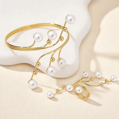 Simples geométrico imitação de pérola enrolamento linha anel pulseira conjunto para mulheres meninas personalidade exagerada moda jóias ds040