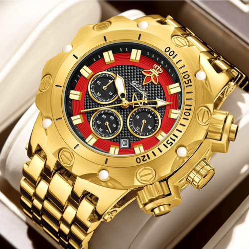 Relógio masculino de luxo multifuncional YaLaLuSi, pulseira dourada com mostrador atmosférico, caixa de presente moderna e prática