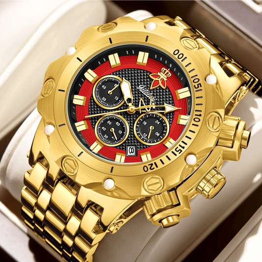 Relógio masculino de luxo multifuncional YaLaLuSi, pulseira dourada com mostrador atmosférico, caixa de presente moderna e prática