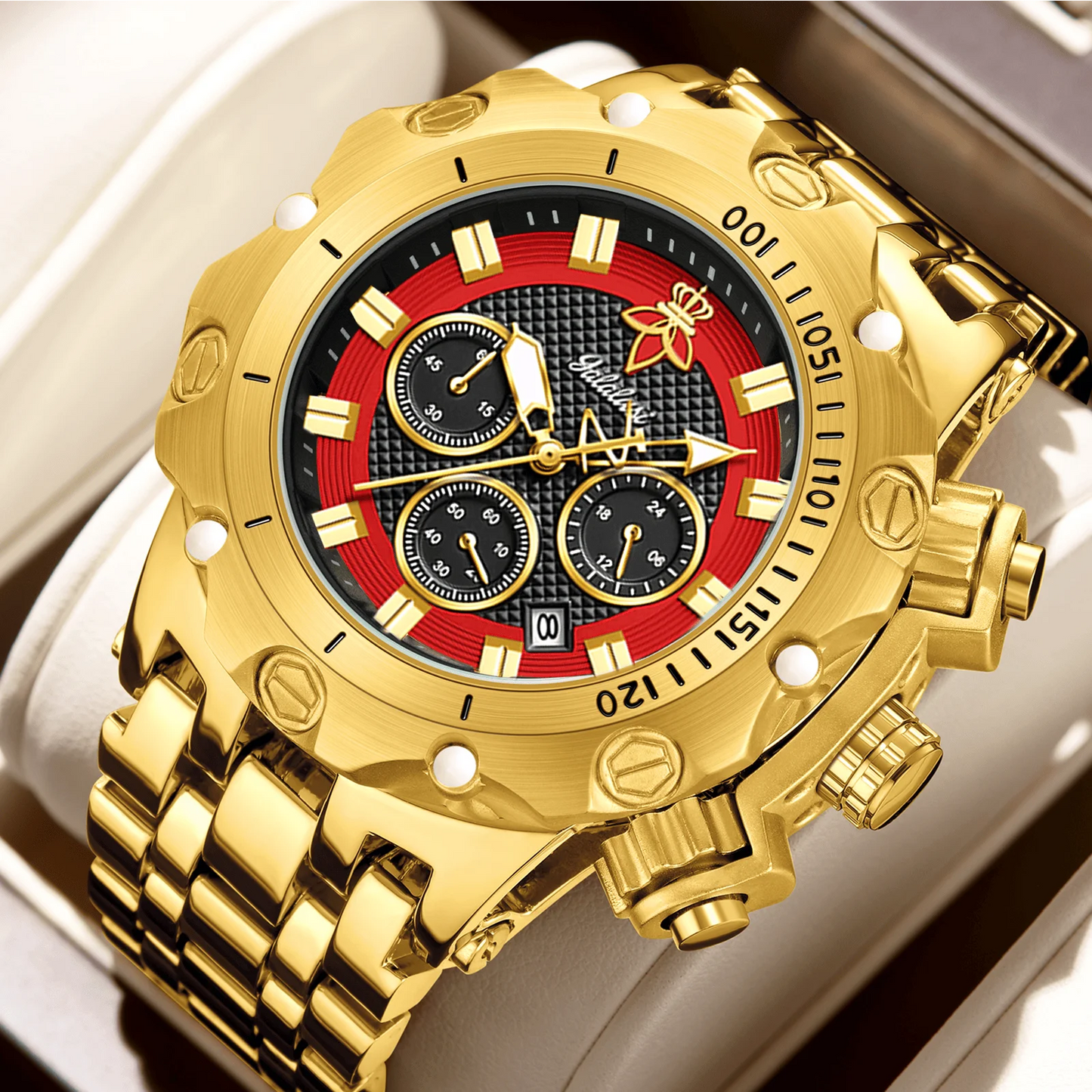 Relógio masculino de luxo multifuncional YaLaLuSi, pulseira dourada com mostrador atmosférico, caixa de presente moderna e prática