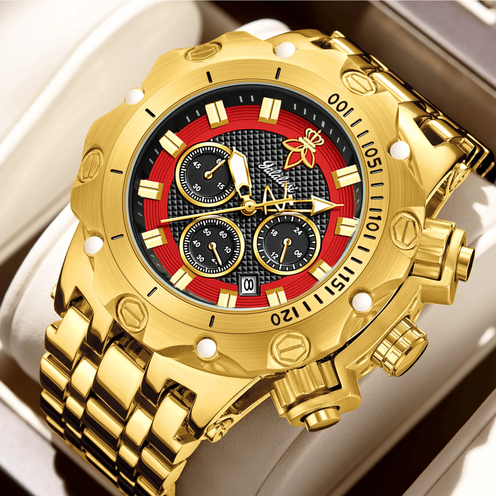 Relógio masculino de luxo multifuncional YaLaLuSi, pulseira dourada com mostrador atmosférico, caixa de presente moderna e prática