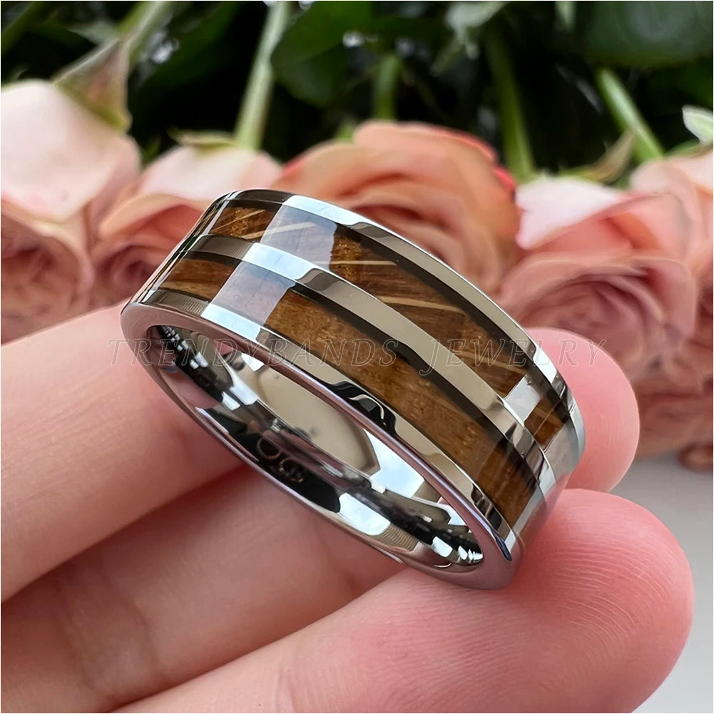 Anel de casamento de tungstênio, 8mm, masculino, feminino, joias da moda para casal, barril de uísque, incrustação de madeira, polido, brilhante, ajuste confortável