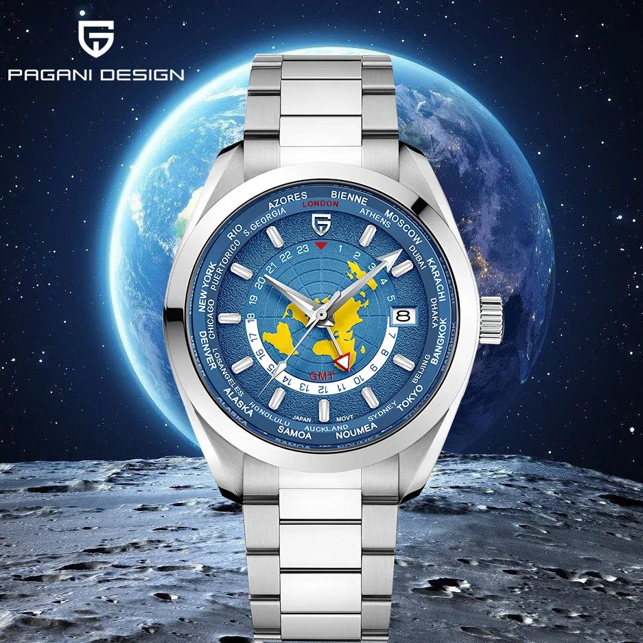 Pagani design 2025 novo tempo mundial gmt zona mapa relógios masculinos relógio automático para homem nh34a relógio de pulso mecânico à prova dwaterproof água