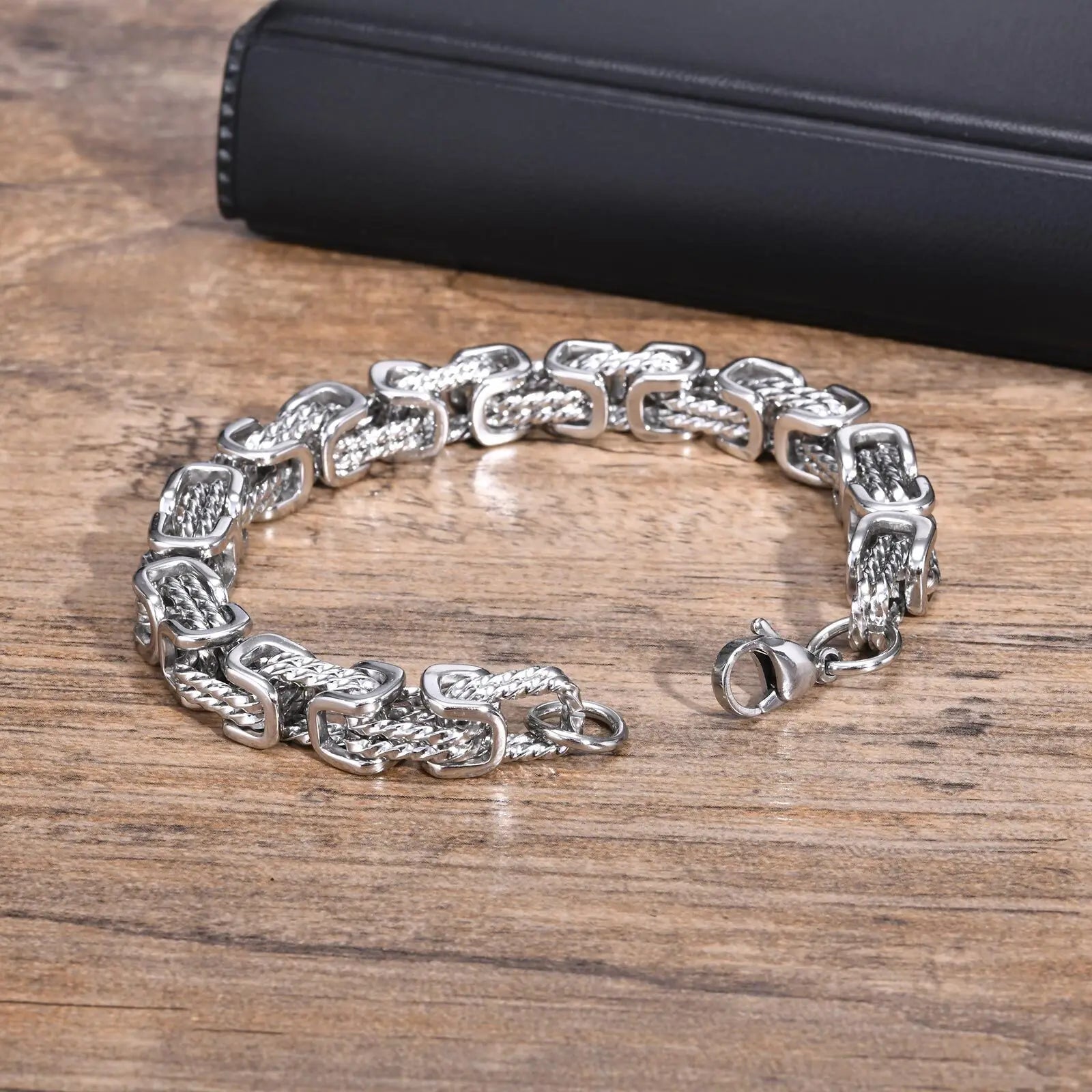 Mens Chunky Byzantine Bracelets,Retro Grey 8mm Stainless Steel Braided Link Wristband,Vintage Jewelry Gift for Him Boy