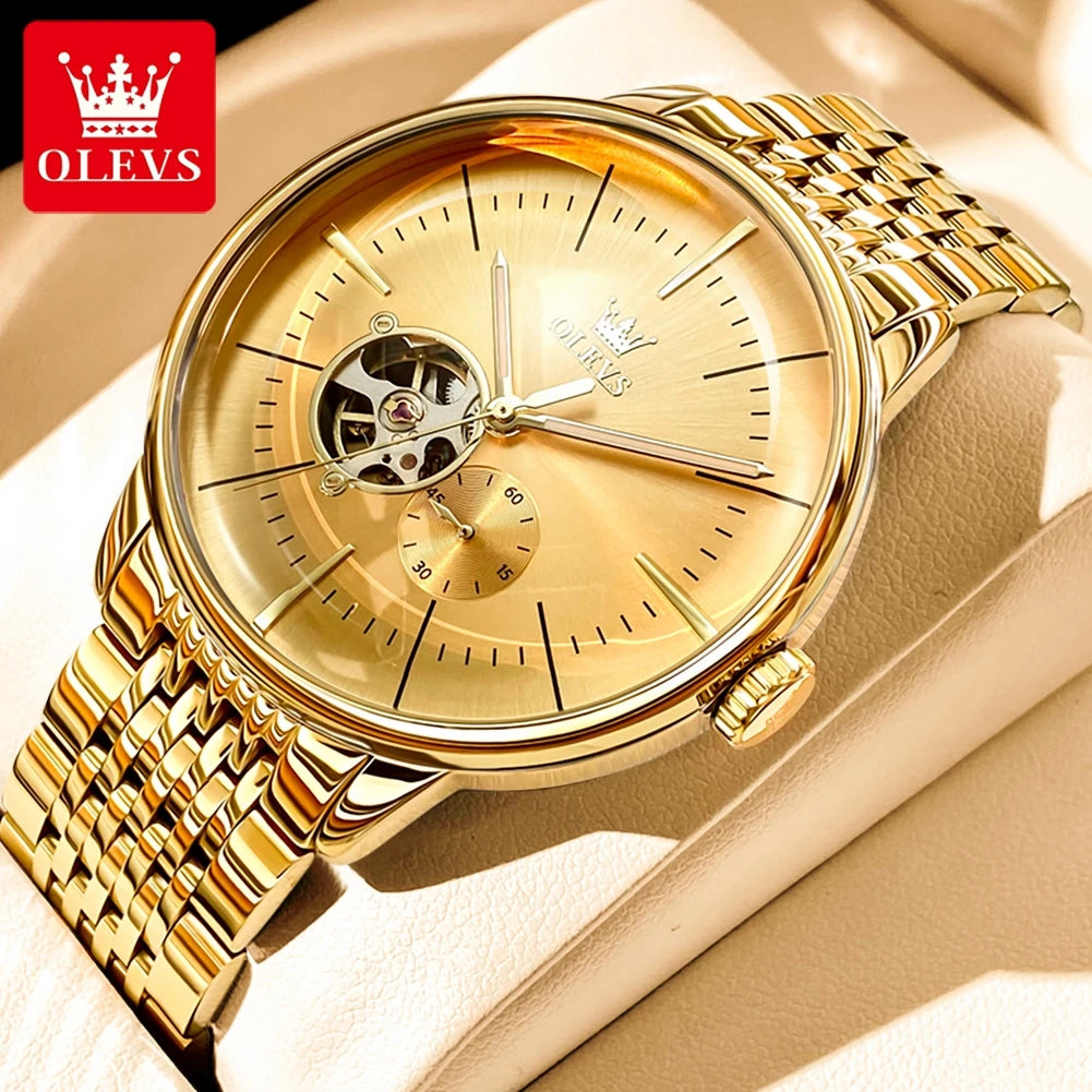 OLEVS 6708 Hollow Men's Watches Elite Style Luxury Dome Mirror Original Mechancial Movement Chronograph Waterproof Watches