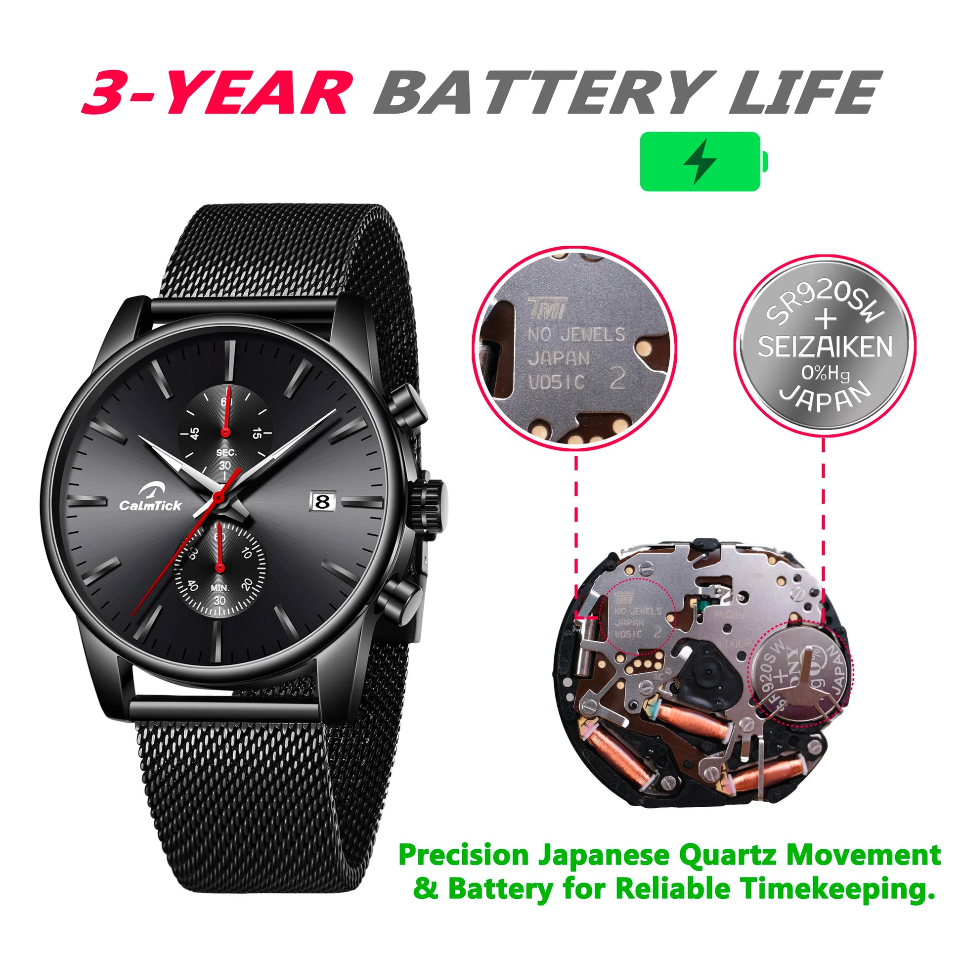 CalmTick Fashion Business Pointer Quartz Watch with Stopwatch Luminous Waterproof Metal Strap