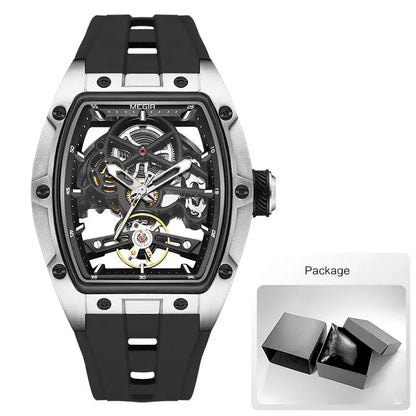 MEGIR Men's Automatic Mechanical Watch with Stainless Steel Case Silicone Band Skeleton Dial Waterproof Sport Wristwatch