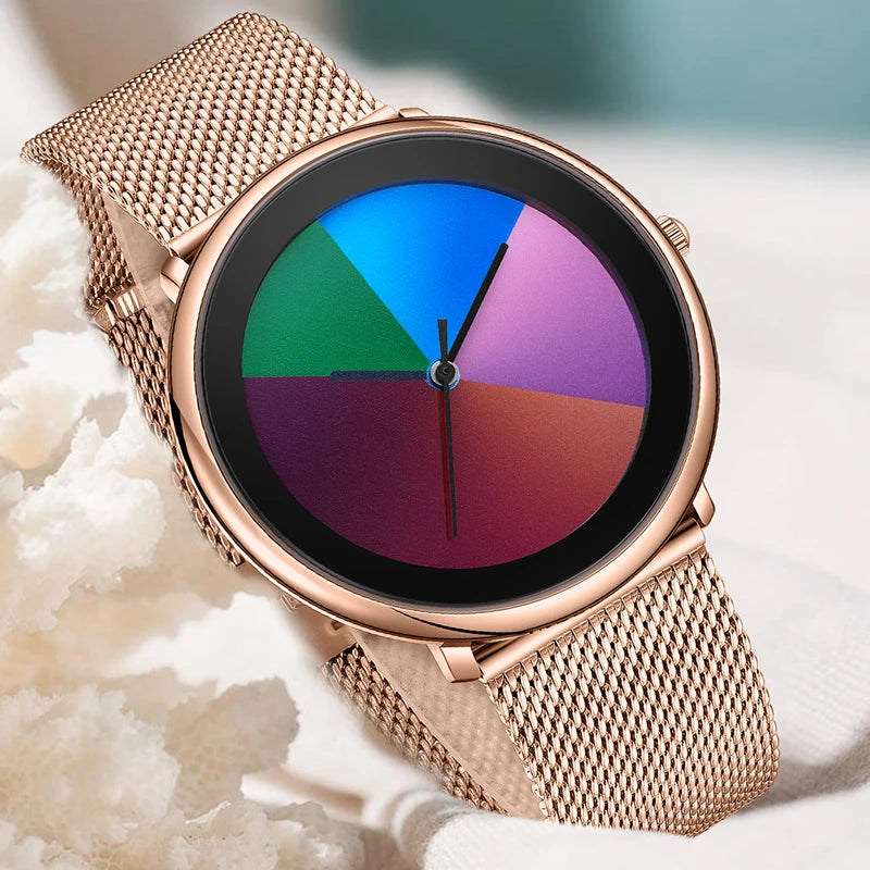 Lige moda única cor jogo dial relógio de quartzo feminino simples rosa ouro ultra fino malha senhoras relógios à prova dwaterproof água montre femme