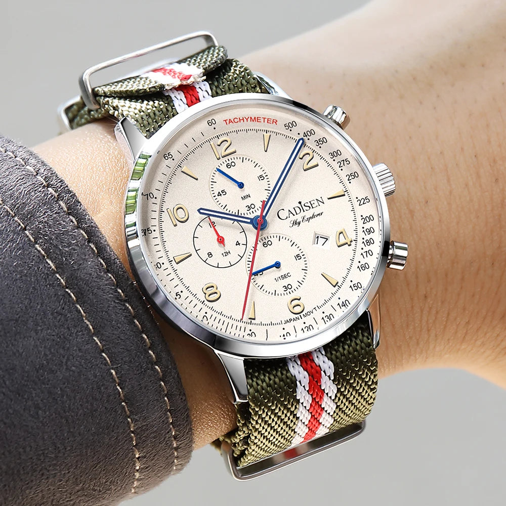 CADISEN 2026 New Chronograph Men's Quartz Watches For Men MIYOTA 0S10 AR Mirror Waterproof Canvas Men's Wristwatch Gift With Box