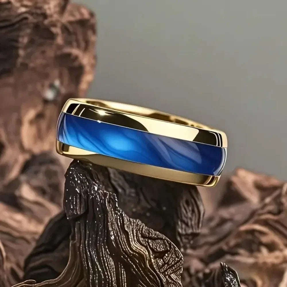 Anel de aço inoxidável de safira da moda, 8mm, feminino, masculino, noivado, casamento, joias, cor dourada, personalidade, anel de aço para presente