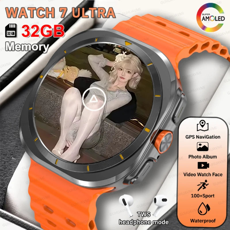 Para samsung moda novo relógio 7 ultra inteligente relógio 32g de memória vídeo 3d dinâmico tws modo fone de ouvido navegadores gps nfc hd chamada relógio