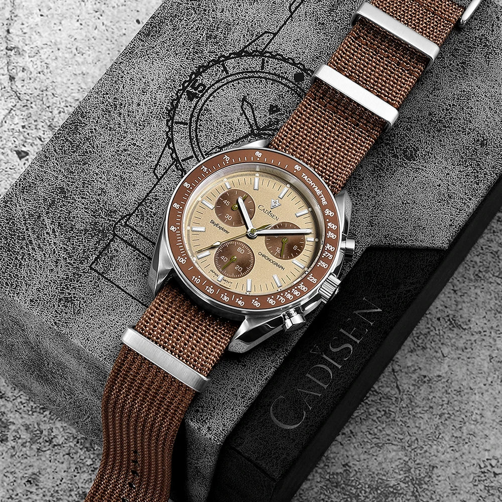 CADISEN 2026 New Men's Watches Luxury Quartz Wrist Watch For Men Canvas Japan VK68 Speed Chronograph Automatic Gift With Box