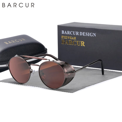 BARCUR Polarized Steampunk Round Sunglasses Men Retro Sun Glasses For Women Vintage Style