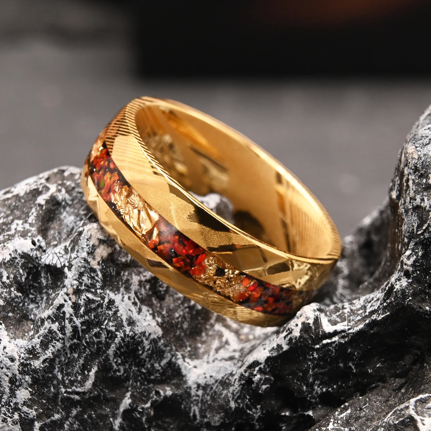 Golden Damascus ring for man anillos bague homme pareja de compromiso fashion jewelry wedding bands red opal engagement rings