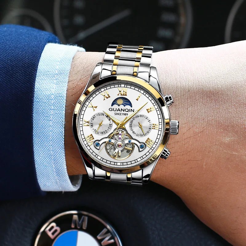 Guanqin relógios masculinos de luxo relógio mecânico automático turbilhão luminoso mineral 30m à prova dwaterproof água negócios lazer relógio de pulso