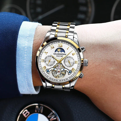 Guanqin relógios masculinos de luxo relógio mecânico automático turbilhão luminoso mineral 30m à prova dwaterproof água negócios lazer relógio de pulso