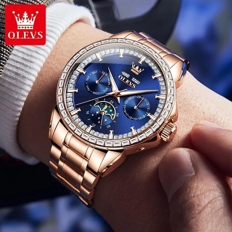 Olevs 6695 novos relógios masculinos mostrador multifuncional completo pulseira de couro azul calendário semana fase da lua relógio de pulso à prova d'água