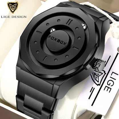 FOXBOX Creative Scrolling Pointer Magnetic Force Men's Quartz Wristwatches Outdoor Sports Waterproof Watch Men Relogio Masculino