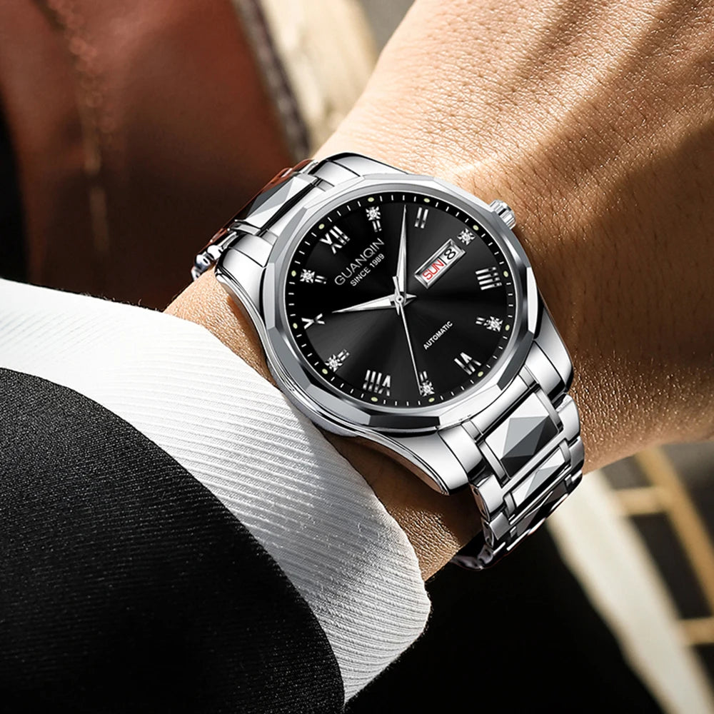 Relógio masculino mecânico luminoso de aço de tungstênio, à prova d'água, moda empresarial, calendário duplo, safira, movimento japonês