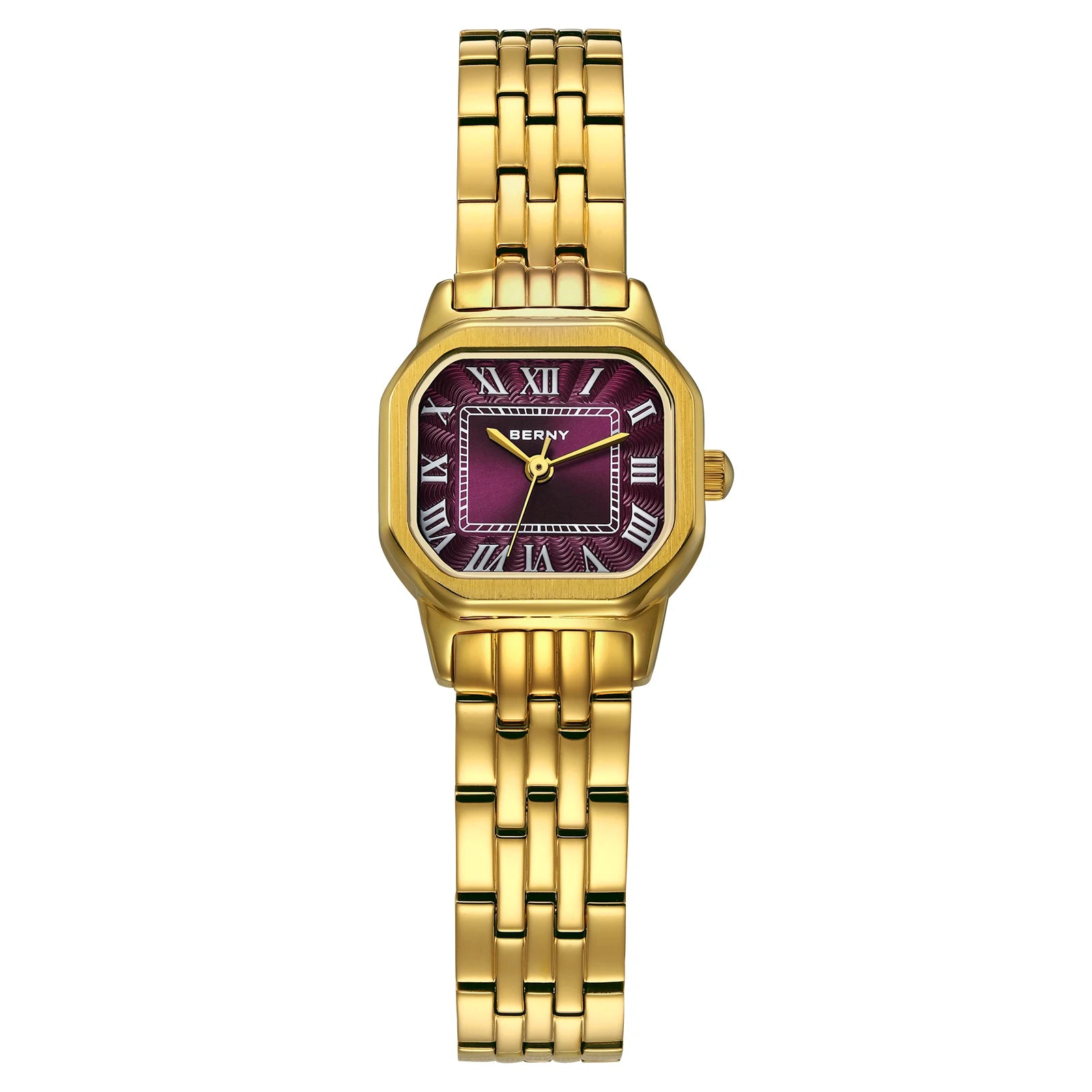 BERNY Golden Watches for Women Luxury Fashion Elegant Square Ladies Dress Quartz Watch S/S Small Dial Casual Girls Wristwatch