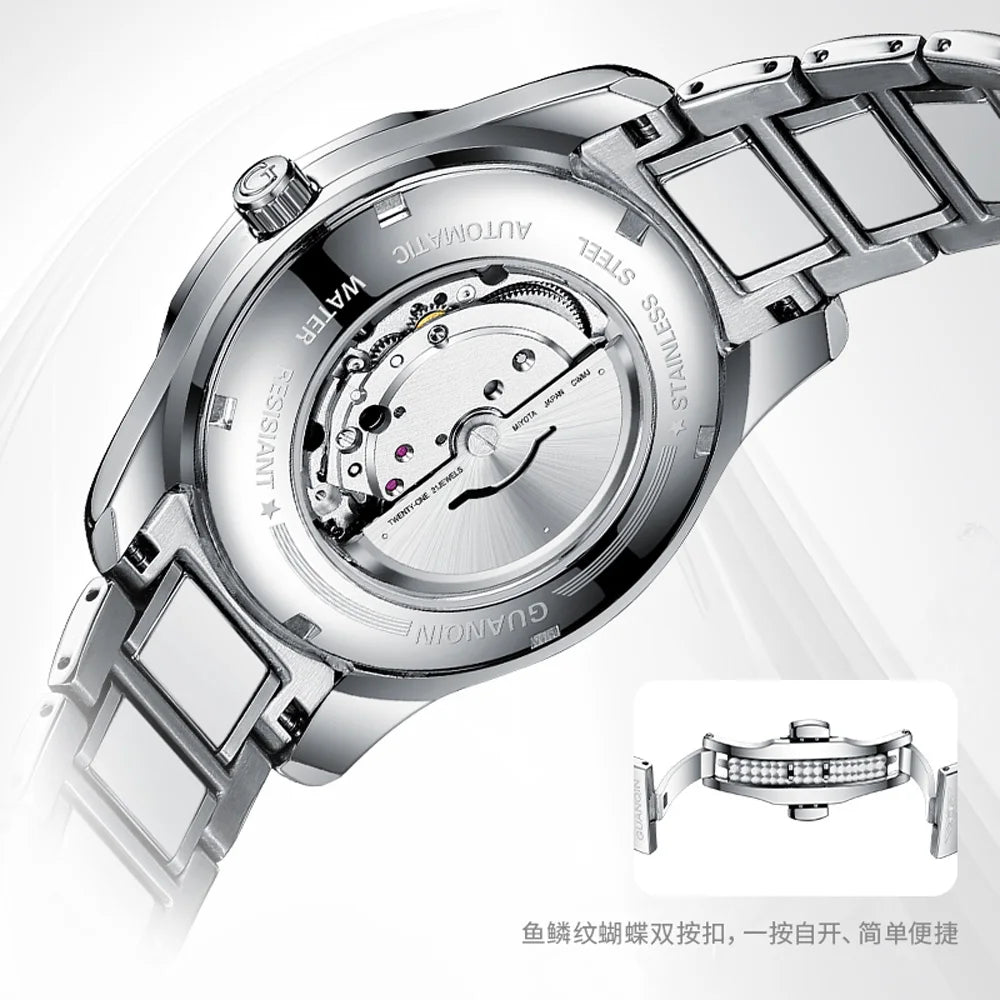 Relógio masculino mecânico luminoso de aço de tungstênio, à prova d'água, moda empresarial, calendário duplo, safira, movimento japonês