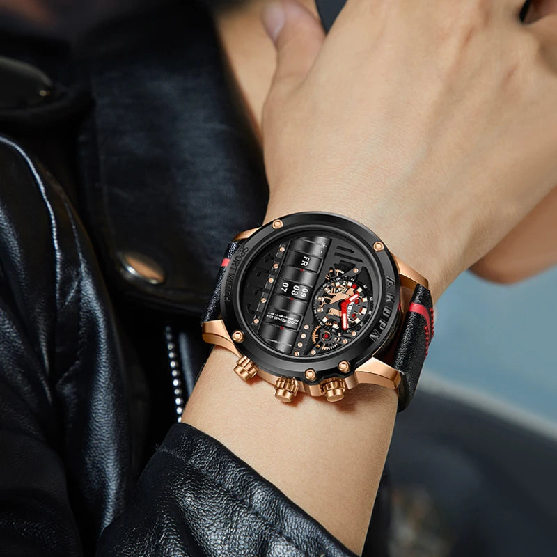 Relógio mecânico de luxo para homens negócios relógios casuais masculino criativo relógio de pulso único girar data pulseira de couro relógios