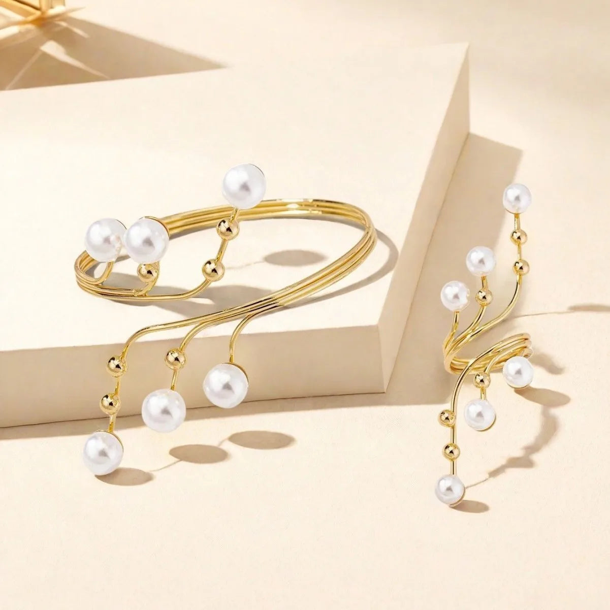 Simples geométrico imitação de pérola enrolamento linha anel pulseira conjunto para mulheres meninas personalidade exagerada moda jóias ds040