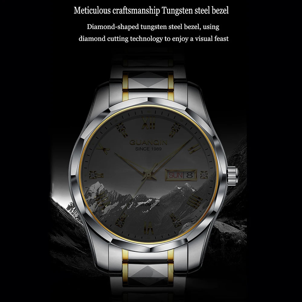 Relógio masculino mecânico luminoso de aço de tungstênio, à prova d'água, moda empresarial, calendário duplo, safira, movimento japonês